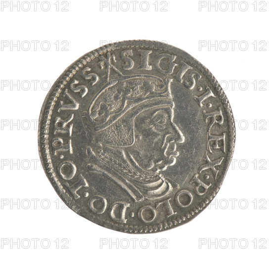 Gdansk trojak, Sigismund I the Old (King of Poland; reign 1506–1548), iconography: Polish coin, male bust, Gdansk (Pomeranian Voivodeship), Gdansk coat of arms, Jagiellonian dynasty, city coat of arms, royal bust. Obverse: Crowned male bust in profile turned right, inscription around the rim: .SIGIS.I.REX.POLO.DO.TO.PRVSS. Reverse: Inscription in five lines around the rim, date separated by a shield with the coat of arms of Gdansk: .III./GROSS:AR/TRIP:CIVI:/GEDANEN:/.15 - 38. Date: 1538. Place: Gdansk, Poland. Object: coin (trojak).