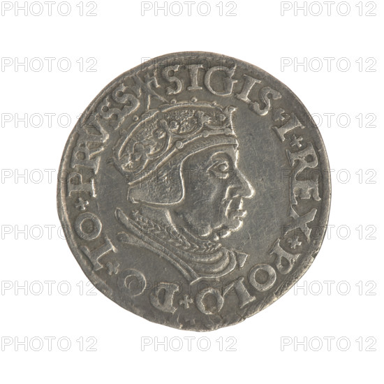 Gdansk trojak, Sigismund I the Old (King of Poland; 1506–1548), iconography: Polish coin, male bust; Jagiellonian dynasty; city coat of arms of Gdansk. Obv.: Crowned male bust in profile turned to the right, inscription around the rim: .SIGIS.I.REX.POLO.DO.TO.PRVSS. Rev.: Inscription in five lines around the rim, date separated by a shield with the coat of arms of Gdansk: .III./GROSS:AR/TRIP:CIVI./GEDANEN/.15 - 38., 1538. Poland, Gdansk, coin.