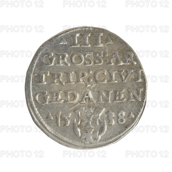Gdansk trojak, Sigismund I the Old (King of Poland; 1506–1548). Obverse: crowned male bust in profile facing right, inscription around the rim: .SIGIS.I.REX.POLO.DO.TO.PRVSS. Reverse: inscription in five lines around the rim, date separated by a shield with the coat of arms of Gdansk: .III./GROSS.AR./TRIP:CIVI/GEDANEN/.15 - 38. Minted 1538. Silver coin; Gdansk, Poland.