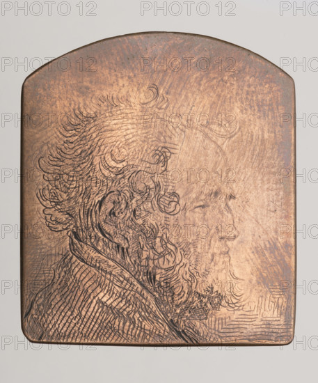 Male head after Rembrandt; Norblin de la Gourdaine, Jean Pierre (1745–1830), graphic artist; study of a male head, beard, physiognomic study; State III final. Hillmacher lists 3 states of the engraving: I — pure etching, face almost completely white; composition rounded at the bottom, inscription 'Rembrandt fec. 1646' (signature disappeared after the plate was cut); II — head and clothes shaded, no date, 1779, oval lower edge not cut off; III — date 1779 at the top, plate ovalized at the top, straight bottom edge. Smolik notes it is a copy of Rembrandt's work (Bartsch 1.297). 1779, print/graphic matrix/graphic plate. Dimensions: height 3.7 cm, width 3.2 cm, thickness 0.1 cm.
