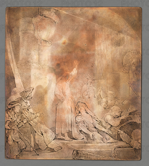 The Greater Raising of Lazarus, Norblin de la Gourdaine, Jean Pierre (1745–1830), graphic artist; Witke-Jezewski, Dominik (1862–1944). Subject: Lazarus (Bible), Jesus Christ, the raising of Lazarus; apostles, tombs, underworld; biblical/religious/mass scenes; miracles of Christ; New Testament. Not signed and undated. Hillemacher lists five states of this engraving; Franke three. Smolik: 'Beautiful copies of this engraving on thick white paper... they represent the last two states of the engraving, between which there are slight differences and concern the last small needle strokes, and in one copy retouching with a brush in Chinese ink.' Date ca. 1776–1777. Medium: print, graphic matrix/plate. Dimensions: height 18.8 cm, width 17.0 cm, thickness 0.2 cm., A large rectangular artwork with a warm metallic palette of coppery orange, bronze, and pale gold tones showing a central robed figure standing with one arm raised, surrounded by a group of other figures in various poses; a seated figu...