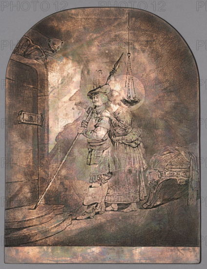 The Invention of the Art of Drawing, Norblin de la Gourdaine, Jean Pierre (1745–1830), graphic artist; Witke-Jezewski, Dominik (1862–1944). French genre scene interior depicting a pair of lovers; motifs include profiles (portraits), shadows, door, stool, light; legendary scene. Very faint traces of aquatint etching visible. Plate worked by Norblin from 1773. Visible traces of successively changed composition: the outline of a seated figure replaced by a door and stairs, and a stool on the opposite side; a filled-in trapezoidal spot is visible. The plate has been cut into an arc at the top; two stages are visible: initially rectangular, then cut at the top into an arc with a slightly flattened upper edge, then polished into a more regular arc. The plate was cut by a later hand—probably the artist’s son—who after his father's death produced new prints in the second half of the 19th century. State and print history include an impression from 1773. Inventory/technical details: 1775 (date),...