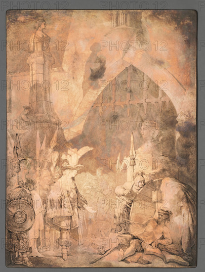 Alexander the Great before Diogenes, Norblin de la Gourdaine, Jean Pierre (1745–1830), graphic artist; depicts Diogenes of Sinope (ca. 412–323 BC) and Alexander III the Great (king of Macedonia; 356–323 BC) — iconography: group and legendary scene of philosopher and ruler with soldiers, books, lamps, and city gates. French/Polish style; Norblin was influenced by Rembrandt’s painterly qualities and engravings, freely transforming them into pastiches on biblical and historical themes. He depicted the meeting in a medieval architectural setting and dressed figures in 17th-century costume. Sketches and drawings dated circa 1786 (signed Oste toi de mon Soleil N: f. 1786) allow dating the engraving to 1786. Hillemacher described subsequent states of the engraving: I — first etching; II — same etched; III — vase placed behind the statue in the gate; IV — board refined and second statue of the deity appears; V — final state with pedestal visible to the bottom. Notes: graphic plate; 1777 (graph...