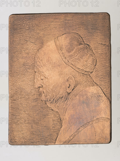 Head of an Old Man Writing, Norblin de la Gourdaine, Jean Pierre (1745–1830), graphic artist; Witke-Jezewski, Dominik (1862–1944). French, Polish. Subject: old man writing; portrait, study of a male head; physiognomic study; moustache (facial hair); head study. Notes: same head as in An Old Man Writing; the same head engraved several times by Rembrandt; later prints without signature. Media: print, print matrix/plate. Rembrandt references: B.287; B.292, B.294, B.304, B.374. Other prints: Gr.Pol.169937/1-4; Gr.Pol.170674; Gr.Pol.2912/1-2; Gr.Pol.169962, 1781. Dimensions: height 4.8 cm, width 3.3 cm, thickness 0.1 cm.