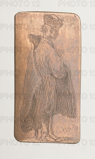 Young nobleman in a kalpak with a feather; Norblin de la Gourdaine, Jean Pierre (1745–1830), graphic artist; Witke-Jezewski, Dominik (1862–1944). French. Subject: men, nobility, Polish nobility; motifs: bird feathers, kalpaks (headgear), Polish costumes; human types, figure studies, male figure studies. Date: 1779. Medium: graphic (graphic matrix/plate). Dimensions: height 2.8 cm, width 1.4 cm, thickness 0.1 cm. In 1918 the value of the print was 10 rubles.