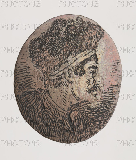 Profile of a Nobleman with an Aquiline Nose, Norblin de la Gourdaine, Jean Pierre (1745-1830), graphic artist; Witke-Jezewski, Dominik (1862-1944). Portraits of a French/Polish nobleman in Polish costume; male portrait, head study, physiognomic study; features include cap (headgear), moustache (facial hair), aquiline nose. Oval, 1778. Graphic work — graphic matrix/graphic plate.