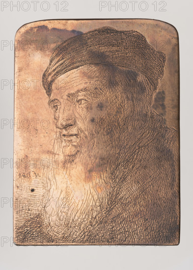 Bust of an Old Jew, Norblin de la Gourdaine, Jean Pierre (1745–1830), graphic artist; Rijn, Rembrandt van (1606–1669), graphic artist (author of the original); Witke-Jezewski, Dominik (1862–1944). Subjects: Jews, old people, poor people; hats; portraits; male portraits; human types; ethnic types; beards (facial hair); physiognomic studies; head studies; male head studies; cf. sketch Rr660. Date: 1784. Medium: graphic, graphic plate. Dimensions: height 4.4 cm, width 3.2 cm, thickness 0.1 cm.