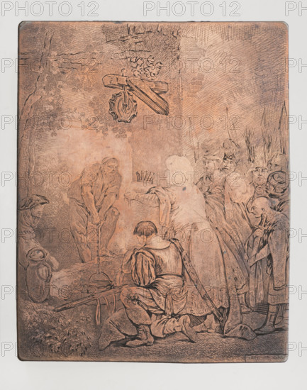 Offering the Crown of Sidon to Abdalonymos, Jean Pierre Norblin de la Gourdaine (1745–1830), graphic artist; Witke-Jezewski, Dominik (1862–1944) (associated). Subject: Abdalonymos (fl. 332–312 BC) receiving a crown; legendary/historical scene with Polish costumes, regalia, tributes, rulers' crowns. Medium/technique: etching with aquatint; graphic plate/print. Date: 1776. Notes on states/technique: Norblin etched fragments with aquatint in successive stages, strengthened the drawing with a stylus; at least three states are recorded with minor differences (changes include a woman by a well raising her hand in an early state, later smoothing marks, addition of halberd heads and refined tree leaves/trunks); the presented impression corresponds to the final state (state III). Physical details: height 9.0 cm, width 7.1 cm, thickness 0.1 cm.