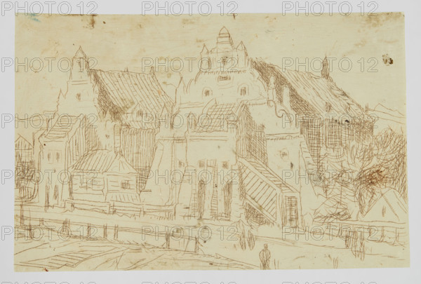 Granaries in Kazimierz, Jablczynski, Feliks (1865–1928), graphic artist, Polish graphic art, Polish, granaries, Kazimierz nad Wisla (Lublin Voivodeship), 1919–1928, graphic plate, height 6.4 cm, width 9.8 cm