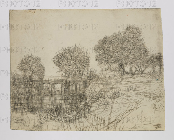 Canal with a wooden bridge among trees; by Feliks Jablczynski (1865–1928); Polish graphic artist; Polish graphics; landscapes; wooden bridges; 1919–1920; graphic plate; height 9.7 cm, width 12.1 cm