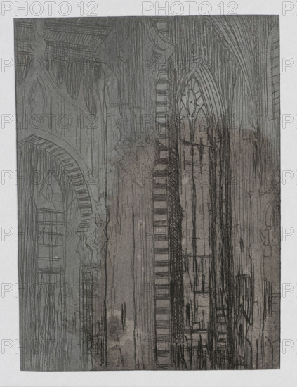 Fragment of a Gothic interior; Jablczynski, Feliks (1865–1928); graphic artist; church interior; architectural study of windows and stained glass; Gothic architecture; Polish graphic art; Poland; ca. 1924; Warsaw; graphic plate (graphic matrix); height 9.9 cm, width 7.4 cm, The image shows a vertical grayscale sketch of an interior space with tall, narrow arched openings and architectural detailing rendered in fine black lines and shading; there are a few large pointed arches, several slender vertical columns and ribbed vaulting lines, and a group of stacked horizontal bands on a central pillar. Visible colors include shades of gray, black, and muted brown tones.