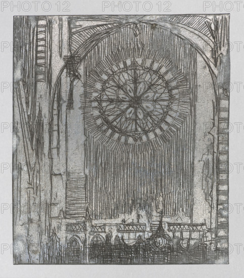 Gothic interior with a rosette; Feliks Jablczynski (1865–1928), graphic artist; church interior architectural study of a rosette and stained glass window; Gothic style; ca. 1924; Warsaw; Polish graphic art; graphic matrix/plate; height 8.4 cm, width 7.3 cm., The image shows a detailed monochrome sketch of an interior architectural scene dominated by a large circular stained-glass window design high on the wall, with radiating linear patterns extending downward like long fringe; the composition includes tall arched structures and vertical columns on either side, a lower section with a decorative railing and series of pointed arch shapes, and a textured background of stonework; visible colors are shades of gray, black, and hints of muted bluish-gray.