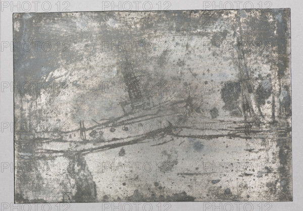 A cutter on the wave, Feliks Jablczynski (1865–1928), graphic artist; ships; water landscapes; landscapes; Polish graphic art; ca. 1924; Warsaw; graphic art; graphic matrix/plate; height 7.3 cm, width 10.7 cm, A rectangular surface fills the frame with a weathered, textured appearance showing a mix of gray, silver, white, and muted blue tones; there are areas of darker gray smudges and blotches, lighter scuffed patches, and a few streaks and scratches across the surface.