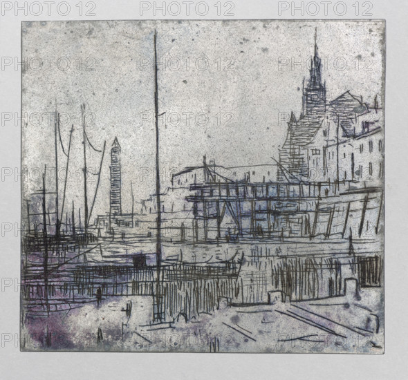 View of a port quay in a northern European city; verso: Graphic trials or fragment of a composition, Feliks Jablczynski (1865–1928), graphic artist; tenement houses, cities, landscapes, cityscapes, streets, architectural studies, towers, views, ships, architectural views, city views, port quays; Polish graphics, Poland, ca. 1924; graphic matrix/plate; height 7.9 cm, width 8.7 cm, A sketch-like scene of a harbor with a group of vertical masts and thin poles rising from boats and piers, outlined in dark lines against a textured light gray background; the waterfront includes a cluster of buildings and a stepped structure with a tall spire on the right, and a network of piers, railings, and scaffolding stretching across the middle ground; the foreground shows a dock area with planks and posts and a few small boat shapes partly obscured by linear hatch marks; visible colors are gray, black, muted purple, and hints of blue.