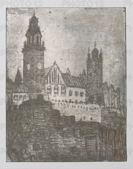 Feliks Jablczynski (1865–1928), graphic artist; architectural studies and cityscapes depicting Wawel, tenement houses, streets, views, towers, castles; Kraków (Wawel), Warsaw; Polish graphics, ca. 1924; graphic matrix/plate, height 9.9 cm, width 8.1 cm, The image shows a detailed monochrome etching of a historic building complex with several tall towers and steeply pitched roofs, rendered in shades of gray and muted brown; the foreground contains textured stone walls and layered architectural forms, while the middle ground features a large central structure with pointed gables and arched windows; the two prominent towers have distinct tops, one with an open belfry and the other with rounded domes, and smaller rooflines and spires are visible around them; the sky is a grainy gray background, and finer crosshatched lines create shadowing and surface texture throughout the composition.