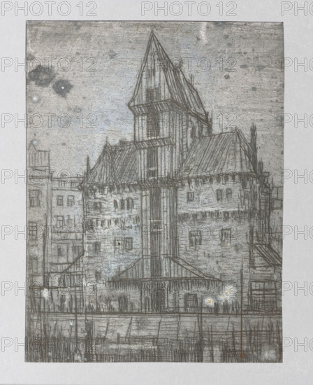 The Crane in Gdansk; Feliks Jablczynski (1865–1928), graphic artist; tenement houses; cityscapes; architectural studies; landscapes; streets; cities; views; architectural views; ports; port quays; city views; cranes; Crane (Gdansk); Gdansk (Pomeranian Voivodeship); Polish graphics; Poland; ca. 1924; Warsaw; graphics; graphic matrix/plate; height 9.4 cm; width 7.2 cm, A detailed monochrome sketch of an old multi-story building with a tall pointed roof and steep sloping side roofs, drawn using fine dark lines on a pale grey background; the façade shows a central vertical element and a lower covered entrance with a pitched canopy, flanked by windows and small architectural details; surrounding the main structure are adjacent buildings and scaffolding-like lines suggesting construction or framework; the foreground includes a low barrier or railing and repetitive vertical strokes suggesting posts or reeds; the overall palette is shades of grey with touches of darker charcoal lines and faint...