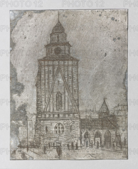 Town hall tower in Krakow with neo-Gothic guardhouse, Jablczynski, Feliks (1865–1928), graphic artist; cities, landscapes, cityscapes, architectural studies, towers, streets, architectural views, city views, town halls; Polish graphic art, Poland, ca. 1924; graphic art; graphic matrix/plate; height 9.5 cm, width 7.4 cm, A sketch of a tall, multi-tiered tower next to a lower building with arched openings, drawn with fine lines on a textured surface; the tower features vertical and diagonal structural lines, narrow windows, and a domed top with a smaller cupola, while the adjacent building has a pitched roof and several arched doorways or windows. The foreground shows a few small, vertical marks suggesting figures or posts and some linear ground indications. The image uses shades of gray, brown, and muted beige on a mottled, slightly spotted background with darker smudges near the edges.