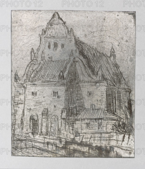 Krzysztof Przybyla's granary in Kazimierz Dolny; Feliks Jablczynski (1865–1928), graphic artist; subject: cities, landscapes, architectural studies, streets, views, public buildings, cityscapes, granaries, architectural views, city views; location depicted: Kazimierz Dolny (Lublin Voivodeship); Polish graphics; date: ca. 1924; medium: graphic matrix/graphic plate; dimensions: height 8.8 cm, width 7.5 cm., A sketched architectural scene rendered in grayscale tones shows a large building with steep, varied roofs and pointed gables, with a taller, tower-like structure rising behind it; the drawing is composed of thin, sketchy lines and crosshatching, with a textured background and smudged areas; the façade displays a group of arched openings at the lower level and several small rectangular openings above; in front and to the side there are indications of a low wall or fence and a few angular forms that suggest additional structural elements; the overall palette is shades of gray, black, a...