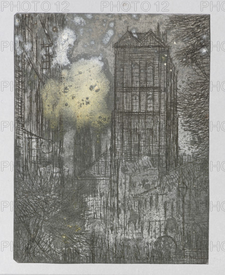 View of St. Mary's Basilica in Gdansk from Piwna Street; verso: View of a medieval building in the Italian type. Artist: Feliks Jablczynski (1865–1928). Tenement houses, cities, landscapes, cityscapes, architectural studies, views, churches, streets, towers. Church of the Assumption of the Blessed Virgin Mary in Gdansk. Polish graphic art, ca. 1924. Graphic matrix/graphic plate; height 8.6 cm, width 6.7 cm., A vertical artwork showing a tall, narrow building with detailed linear etching and arched window shapes, flanked by textured foliage and other architectural forms; a diffuse, cloudlike area of pale yellow and off-white appears against a muted gray background, with several darker gray and black linear marks creating a sense of structure and shadow; there are areas of mottled pale yellow-green and faint white speckles, along with many fine black and dark gray lines suggesting trees, branches, and architectural details, all set within a pale neutral border.