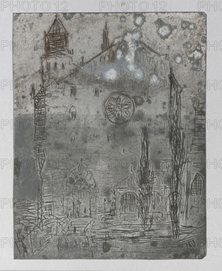 View of St. Mary's Basilica in Gdansk from Piwna Street; verso: View of a medieval building in the Italian type. Artist: Feliks Jablczynski (1865–1928), graphic artist. Subject: tenement houses, cities, landscapes, cityscapes, architectural studies, views, churches, streets, towers; Church of the Assumption of the Blessed Virgin Mary in Gdansk. Poland, ca. 1924. Medium: graphic art, graphic matrix/plate. Dimensions: height 8.6 cm, width 6.7 cm., The image shows a monochromatic sketch of a ruined building with architectural details and tall narrow trees in front; the scene is rendered in shades of gray with darker gray lines forming the structure and vegetation, and a few lighter gray splotches and speckles across the surface giving a mottled texture.