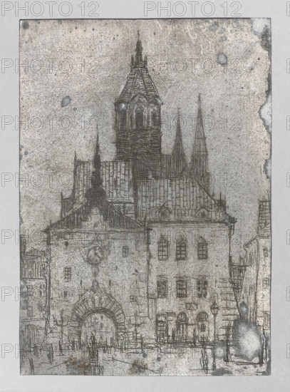 City view inspired by Polish architecture; Feliks Jablczynski (1865–1928), graphic artist; tenement houses, streets, gates, cityscapes, architectural studies; Polish graphics; Poland; ca. 1924; Warsaw; graphic matrix/graphic plate; height 10.4 cm, width 7.4 cm, A detailed monochrome sketch of a large stone building with a tall central tower and several pointed spires rising behind it, rendered in fine dark lines on a light gray, textured background; the building shows a pitched roof, arched gateway, and multiple rectangular windows, with architectural details indicated by crosshatching and vertical strokes. The foreground includes a street scene with a group of small, sketchy human figures and a few lamp posts, while the surrounding area shows additional building facades on either side. The image palette is primarily shades of gray and black with subtle bluish-gray and off-white splotches and stains across the surface.