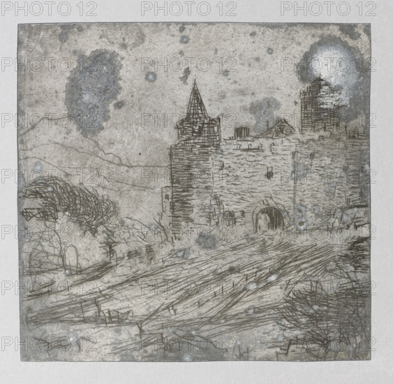Landscape with a fortified castle on a hill; verso: Fragment of a wall with a pointed-arch door. Feliks Jablczynski (1865–1928), graphic artist. Castles, towers, gates, walls, landscapes, defensive architecture; Polish graphic art; Gothic (style); ca. 1924. Graphic art, graphic matrix/plate; height 7.8 cm, width 8 cm., A grayscale etching depicting a ruined stone structure with a tower and arched opening set against a textured sky; a sloping foreground of rough, linear markings suggests ground or fields with scattered low vegetation and tangled shrubs. The scene shows a few clustered bushes and windblown trees on the left and right, and faint outlines of distant hills behind the structure. The image palette is primarily gray with shades of black and white, and there are several pale bluish-gray speckled areas and slightly darker gray patches across the surface.
