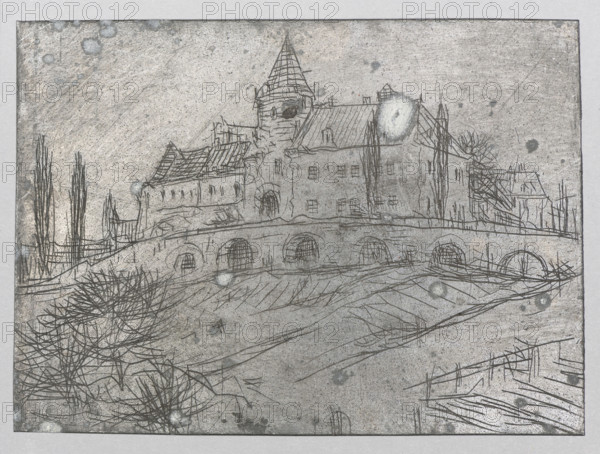 Buildings on a hill inspired by Polish architecture; Feliks Jablczynski (1865–1928); graphic artist; landscape and architectural study of castles, towers, views, and gates; Polish graphics; ca. 1924, Warsaw; graphic matrix/plate; height 7.4 cm, width 10.2 cm., A sketchlike scene on a gray background shows a group of buildings on a raised bank with a tower that has a conical roof, connected rooftops with pitched shapes, and several small window openings; a bridge with a series of arched openings spans the middle ground beneath the buildings; in the foreground there are tangled, linear shrub or bush forms and sloping, hatched ground lines; tall, narrow tree trunks rise near the left edge and more sparse vertical vegetation appears near the right; the drawing is composed of fine dark lines and hatching on a mottled gray surface with areas of lighter and darker gray and some pale circular spots.