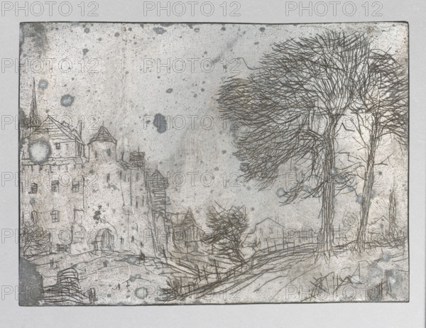 Landscape with trees and defensive buildings, Feliks Jablczynski (1865–1928), graphic artist, Polish, ca. 1924; graphic plate (graphic matrix), height 7.6 cm, width 10.7 cm, The image shows a sketch-like scene with a large tree on the right, its intricate bare branches drawn in dark lines and a thinner trunk, and a cluster of smaller trees nearby; on the left a group of buildings with pitched roofs and towers rendered in fine linear strokes, and a low wall or bridge in front of them; the ground is uneven with winding paths and rough vegetation drawn with short, dark hatch marks; the overall palette is muted with shades of gray, off-white, pale beige, and touches of darker brownish-gray in the lines and spots; the surface has scattered blotches and speckles giving a weathered, stained appearance.