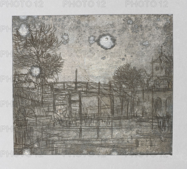 Wooden bridge over the canal, Jablczynski, Feliks (1865–1928), graphic artist, Polish graphics, Poland, canals, landscapes, wooden bridges, ca. 1924, Warsaw, graphic, graphic matrix, graphic plate, height 6.6 cm, width 7.6 cm, A faded etching-like landscape showing a bridge spanning over a body of water, with sketchy linear details suggesting railings and supports; to the left and right of the bridge are leafless trees rendered with thin dark lines, and a cluster of architectural outlines appears on the right bank. The sky is mottled with circular lighter spots and textured patches. The overall palette includes gray, muted brown, off-white, and touches of dark charcoal.