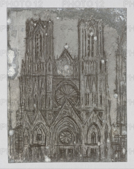 Reims Cathedral Facade; Jablczynski, Feliks (1865–1928); graphic artist; Polish graphics; Poland; cathedrals; Reims (France); Gothic (style); ca. 1924; Warsaw; graphic; graphic matrix; graphic plate; height 8.2 cm; width 6.2 cm, The image shows a detailed monochrome sketch of a large Gothic cathedral facade with two tall towers, pointed arches, intricate tracery, and a prominent circular rose window above the central entrance; the drawing is rendered in dark brown or black lines on a grayish background with lighter gray and white speckled marks and spots across the surface, and the scene is bordered by a pale gray or off-white margin.