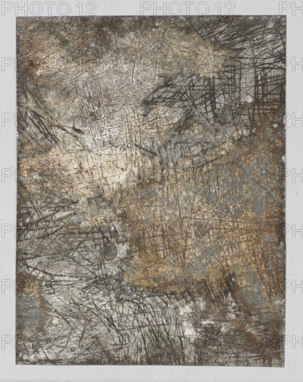 Reims Cathedral Facade, Jablczynski, Feliks (1865-1928), graphic artist, Polish graphics, Poland, cathedrals, Reims (France), Gothic (style), ca. 1924, graphic, graphic matrix, graphic plate, height 8.2 cm, width 6.2 cm, A textured abstract surface fills the image with a layered pattern of scratches, scuffs, and irregular marks. The visible colors include shades of gray, brown, tan, beige, muted blue, and hints of white. There are overlapping linear grooves and crosshatched lines in darker tones, along with areas of lighter, worn patches and rough, granular textures. The composition shows varied densities of marks creating regions that appear more heavily scratched and others that are smoother, with subtle tonal shifts and mottled transitions between the grays, browns, and blue-gray areas.