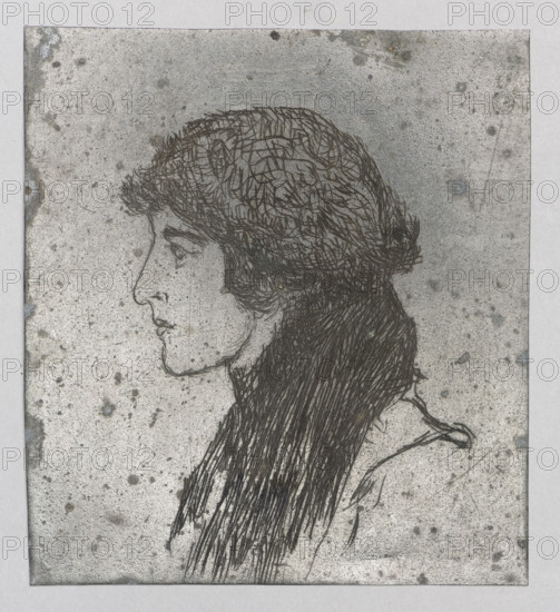 Portrait of a woman in profile; verso: Church with a brick tower. Feliks Jablczynski (1865–1928), Polish graphic artist. ca. 1924. Graphic art; graphic matrix/graphic plate. Height 8.5 cm, width 7.6 cm., A grayscale etched portrait of a person shown in profile facing left, with a detailed textured hat or hair covering the top of the head and long, straight hair flowing down the back. The face has a defined nose, lips, eye, and eyebrow rendered with fine lines, and a slender neck leading to a suggestion of shoulders. The background is mottled with a speckled, grainy texture and scattered darker spots, with the etched lines varying in thickness to create shading and detail. Visible colors include shades of gray, black, and subtle tones of off-white.