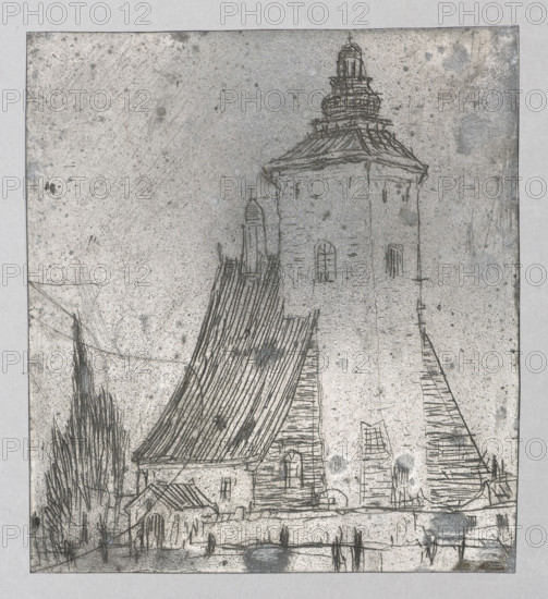 Portrait of a woman in profile; verso: Church with a brick tower. Feliks Jablczynski (1865–1928), Polish graphic artist. Ca. 1924. Graphic art; graphic matrix/graphic plate. Height 8.5 cm, width 7.6 cm., A grayscale sketch showing a tall tower with a domed top next to a building with a steep, slanted roof, both rendered with fine, dark pencil or ink lines on a textured light gray background; a few arched windows and narrow vertical openings are visible on the tower, and the sloped roof has closely spaced parallel hatch marks. In front of the buildings a low wall and a small entrance structure are drawn, with several slender, vertical trees or shrubs nearby. The foreground includes a horizontal ground line with a few vertical fence posts or figures suggested by short dark strokes, and the overall image shows scattered speckles and smudges across the light gray surface.