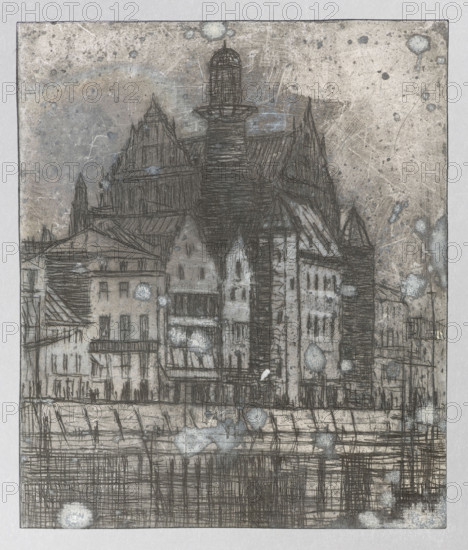 Naturalists' House in Gdansk; verso: Crane in Gdansk; Jablczynski, Feliks (1865–1928), graphic artist; Polish graphic art; Polish culture; Crane (Gdansk); Gdansk (Pomeranian Voivodeship); Motlawa (river); ca. 1924; graphic art; graphic matrix; graphic plate; height 9.9 cm; width 8.4 cm, A sketched cityscape rendered in muted tones of gray, black, beige, and touches of pale blue shows a group of tall, closely packed buildings with varied rooflines and a central tower topped by a rounded lantern; the drawing features dense crosshatched and linear pen strokes defining facades, windows, and rooftops, with several pale splotches and mottled stains across the scene and a textured, worn paper background giving an overall aged appearance.