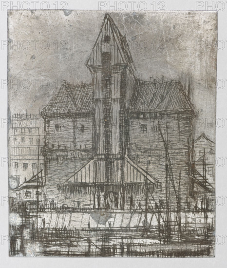 Naturalists' House in Gdansk; verso: Crane in Gdansk. Jablczynski, Feliks (1865–1928), graphic artist. Polish graphic art, Polish culture. Crane (Gdansk), Gdansk (Pomeranian Voivodeship), Motlawa (river). ca. 1924. Graphic art; graphic matrix/plate. Height 9.9 cm; width 8.4 cm., A sketched scene of a tall, narrow building with a steep triangular roof flanked by lower roofed wings, drawn with fine dark lines on a mottled gray-beige background; several thin vertical and diagonal lines suggest posts and rigging in front of the structure, and a low horizontal edge runs across the lower part of the image indicating a waterfront or quay; the drawing shows a mix of textured roof patterns, window openings, and structural beams rendered in dark brown-black strokes against the pale gray and off-white surface, with a few areas of slightly darker gray and faint bluish-gray smudging.