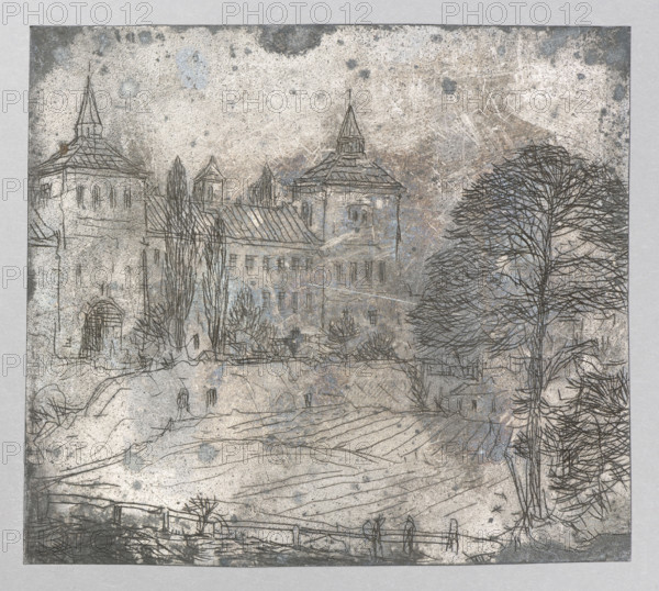 View of an impressive building with a corner tower; Feliks Jablczynski (1865–1928), Polish graphic artist; ca. 1924; graphic art print from a graphic matrix/plate; dimensions: height 9 cm, width 10.1 cm; trees, architectural view., A sketched scene of a large building complex with towers and pitched roofs set behind a gently sloping foreground; the drawing shows a group of tall, thin trees near the buildings and a large tree with many bare branches on the right; the foreground has textured, undulating ground with faint linear markings suggesting furrows and a simple fence along the front edge; the image is rendered in muted tones of gray, beige, brown, and touches of blue with dark ink-like line work outlining architectural and natural forms, and the whole composition sits within a slightly darker rectangular border against a lighter surrounding margin.