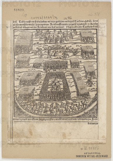 Turkish camp near Varna in 1444, graphic artist Siebeneicher, Jakub (ca. 1556–1604), publisher, illustrations of battles, Witke-Jezewski, Dominik (1862–1944), battle of Varna (1444), military camps, Bielski, Joachim (ca. 1550–ca. 1599). Marcin Bielski's Polish Chronicle — illustration; Turks, Varna (Bulgaria); filigrees; 1597; Kraków; graphic print, graphics. Composition: height 13.9 cm, width 13.0 cm; sheet: height 19.4 cm, width 15 cm.