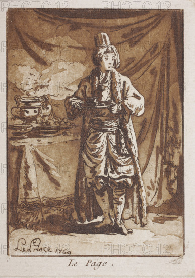 Le Page, Le Prince, Jean-Baptiste (1734–1781), graphic artist; genre scene in a rich Russian (oriental) costume; etching and aquatint on plate with delicate etching outline, aquatint washed with a glass brush, aquatint etched three times (three shades of grey), final etching and framing; described in three states: state 1 avant la lettre with outline not yet enhanced; state 2 avec la lettre, sepia print; state 3 printed with Chinese ink (black paint) — this is the present state; 1769, Paris, France; graphic print; height 11.8 cm, width 8.7 cm., A standing figure wearing a long, layered garment with draped fabric and a fur-trimmed outer robe holds a shallow dish or tray in both hands, with a tall cylindrical hat atop short hair; to the left a table covered with a cloth supports a large ornate vessel and a group of rounded objects, and a flowing curtain forms the backdrop with folds and shadowing; the image is rendered in shades of brown, beige, and sepia with darker brown outlines and s...