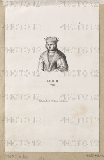 Lech II, graphic artist; Friedlein, Daniel Edward (1802–1855), publisher; Friedlein, Rudolf Fryderyk (1811–1873), publisher. Image of Lech II (legendary prince of Poland, son of Krak), 1852. Graphic print, album; height 5.6 cm, width 4.6 cm. Subjects/styles: letters of Polish rulers, iconography, legendary representations, male portrait, portrait of a ruler.