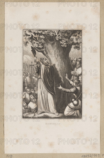 Saint Boniface; steel engraving, 1853–1857; graphic print, album; height 13.6 cm, width 9.1 cm. Composition enclosed in a double linear frame. Depicts Saint Boniface (Winfrid, ca. 675–754), bishop, martyr and missionary; iconography includes his role as apostle of Germany and patron of European unity. Biographical details: born in Wessex, entered a Benedictine monastery, famed for learning and eloquence; at ~40 led missions to Germany, later (719) organized church administration east of the Rhine, founded bishoprics (Salzburg, Regensburg, Passau, Würzburg, Erfurt, and Büraburg) and numerous monasteries, founded the abbey at Fulda and became its abbot; consecrated archbishop by Pope Gregory in 732; felled the pagan “holy oak” at Geismar; martyred on Pentecost, 5 June 745, at Dokkum (Dokum) along with 52 companions while administering Confirmation. Engraving style suggests a German author; matrices used were imported and reused.