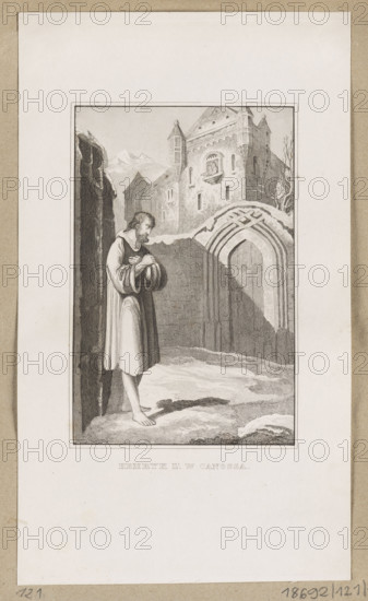 Henry IV in Canossa, illustration, 1853–1857. Steel engraving, graphic print, album; 13.6 × 9.1 cm. Composition enclosed in a double linear frame depicting Henry IV (Emperor of Germany, 1050–1106) humbling himself before Pope Gregory VII at the castle of Canossa in January 1077, penitently spending three days under the castle walls in a sack and barefoot; a historical scene of penance and rulers. Illustration for Cesar Cantu’s Universal History; the edition’s engravings (44 steel engravings total) were in a German style and used matrices imported for the publication.