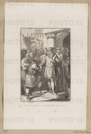 Widukind and Charlemagne. Composition enclosed in a double linear frame. Depiction of Widukind surrendering to Charlemagne. Charlemagne tried to subjugate the Saxons and impose Christianity on them by force; in 782 an uprising led by Widukind broke out and fighting flared up again. After the victorious Battle of Verdun in October 782, to discourage further resistance Charles ordered the execution of 4,500 Saxon prisoners. Widukind surrendered to the king in 785. Illustration for Cesar Cantu, Universal History (Polish translation by Leon Rogalski), published 1853–1857. Graphic print, steel engraving, German hand, matrices imported for the edition. Plate from an album, height 13.6 cm, width 9.1 cm.