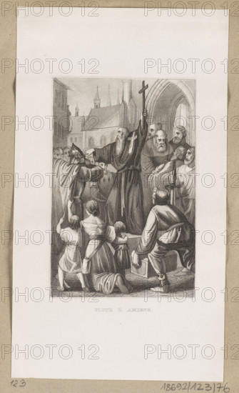 Composition enclosed in a double linear frame. Peter of Amiens, Peter the Hermit, born ca. 1050, died 8 VII 1115, French itinerant preacher; organizer and 1096 leader of the People's Crusade (defeated by the Turks); he joined the knights' crusade, with which he reached Jerusalem in 1099. Illustration after Cesar Cantu's Universal History (1853–1857). Graphic print, steel engraving, height 13.6 cm, width 9.1 cm. Style of the engraving indicates a German author; matrices used were imported.