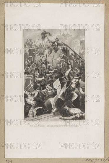 The Conquest of Constantinople. Illustration: Composition enclosed in a double linear frame depicting the capture of Constantinople by the Turks in 1453 — historical scene with battles, street fighting, fallen figures, Turks, melee weapons. Steel engraving, 1853–1857. Print (graphic print, album). Height 13.9 cm; width 9.2 cm. Artist/engraver: unknown (style indicates a German engraver).
