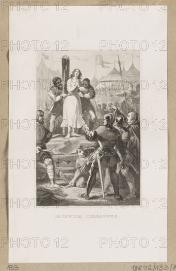 Joan of Arc (The Maid of Orleans; illustration in volume VII of Cesar Cantu, Universal History, 1855). Graphic print, steel engraving, 1855. Depicts Joan of Arc (ca. 1412–1431) enclosed in a double linear frame. Scene shows events after her capture by the Burgundians at Compiègne, her trial before the Inquisition in Rouen (December 1430–May 1431), accusations (including witchcraft, wearing short hair and men's clothing, and pride), her initial renunciation under threat of torture, subsequent withdrawal of recantation, transfer to an English secular court, and execution by burning at the stake on May 30, 1431. Published as an illustration for Cesar Cantu’s Universal History (Polish translation by Leon Rogalski). The 44 steel engravings in Cantu’s Universal History were likely by a German engraver; matrices used in an earlier edition were imported and reused. Print (album), height 13.9 cm, width 9.2 cm.