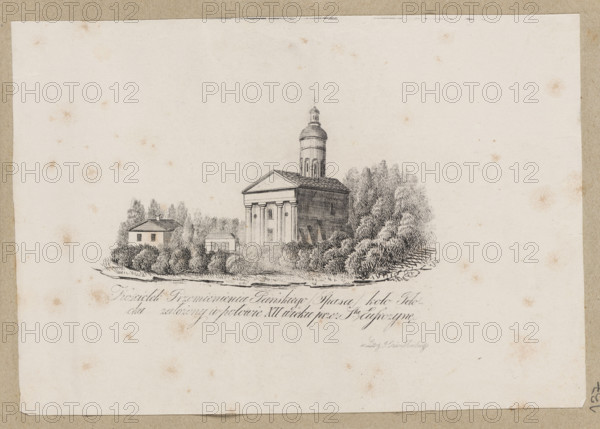 Church of the Transfiguration of the Lord near Plock, graphic artist Józef Ozieblowski (Vilnius; lithographic workshop; 1833–1863). Lithograph depicting the Church of St. Spas, built by architect Iaan and funded in 1120 by Princess Euphrosyne of Polotsk (St. Eufrozyna; secular name Przedslawa; 1102–1173), who was the first abbess of the monastery she founded, founded other monasteries, established schools, and died on pilgrimage to Jerusalem; canonized by the Orthodox Church in 1547. Likely an illustration in a historical work; Ozieblowski’s studio produced book illustrations and collaborated with Vilnius printing houses and published illustrations for works in other cities. Date ca. 1840–1850, Vilnius; graphic print, album; height 6.4 cm, width 11.7 cm.