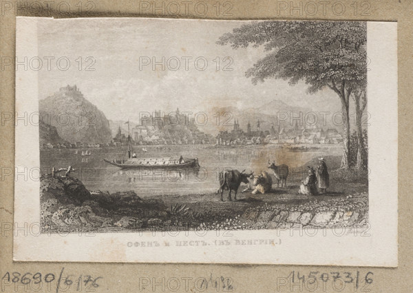 View of Buda and Pest in Hungary, William Floyd (fl. 1832–1877), graphic artist; steel engraving, 1835–1850. The view shows Buda and Pest from the bank of the Danube; Pest is on the left bank and the river marks the border between it and Buda. For many centuries Pest was an independent city; the first permanent bridge was built in 1849 and in 1873 Buda, Pest, and Óbuda were officially united. The artist, probably W. Floyd, an English graphic artist active c.1835–1844, painted mainly landscapes. This plate appears to be from a series of views of famous places (including Tsarskoye Selo, Peterhof, St. Petersburg, Palermo). The steel engravings share dimensions, Cyrillic inscriptions at the bottom, and signatures on the right: 'Floid, Branderd, Godert.' Graphic print; album., A black and white engraving of a riverside scene showing a calm body of water with a long boat floating near the center and a distant town with clustered buildings and towers along the far shore; in the foreground a g...