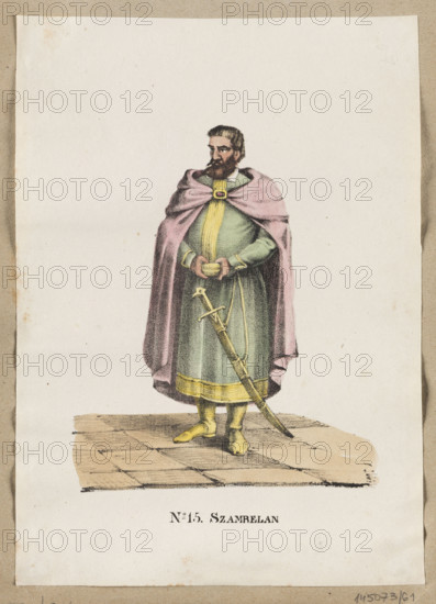 Chamberlain (Plate 15 in the series Much More Ancient Polish Costumes), Karol Raczynski (1799–post-1860), lithograph, attributed drawing on stone by Raczynski; printed in Józef Ozieblowski's lithographic workshop, Vilnius, 1838. Colored lithograph, plate from a 24-plate cycle depicting ancient Polish (Jagiello-era) men's courtier costume with edged weapon; several prints bear the KR monogram (Raczynski's signature). Composition modeled on Aleksander Kokular's board 'The Chamberlain of the Court' (Kokular supports his hand at his side; Raczynski shows the chamberlain with hands on the belt; Raczynski's sabre reaches the ground while Kokular's aligns with the robe hem). Graphic print, album plate; height 13.5 cm, width 11 cm.