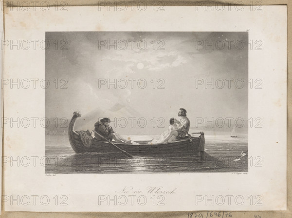 A Night in Italy; artist: Albert Henry Payne (1812–1902), steel engraving; drawing possibly by Théodore Gudin (1802–1880) or his daughter Herminie Henriette Gudin; graphic print, album; genre scenes: boats, sails, water, pairs of lovers; themes: moonlit Italian nocturne, idyllic landscapes, historical costumes; date ca. 1845–1870; medium: steel engraving/graphic print; dimensions: height 11.4 cm, width 16.3 cm.