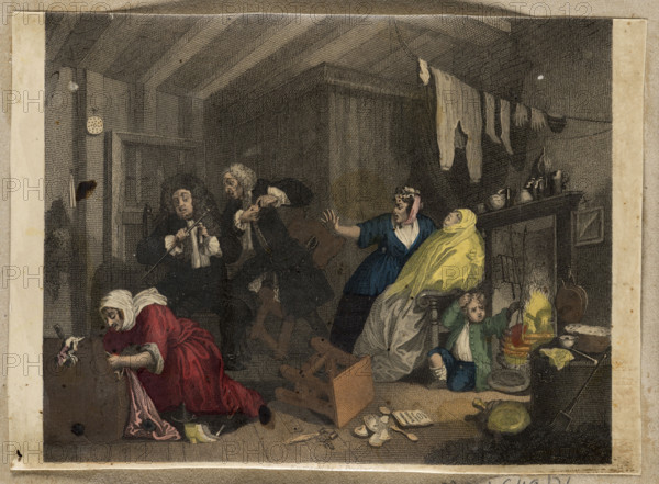 Genre Scene in an Interior (Dying Moll). Maker: George Presbury (fl. ca. 1840) after William Hogarth (1697–1764); Boczkowska, Maria Celestyna (1840–1931). Steel engraving made after plates from the cycle A Harlot's Progress by William Hogarth, depicting the dying Molly. Hand-colored steel engraving then varnished. From 1731, Hogarth published a series titled Progresses, satirical prints with a moralizing message. The Harlot's Progress is a series of six oil paintings, which Hogarth made into engravings in 1732, telling the story of Mary (Moll) Hackabout: 1) Moll appears in London; 2) Moll as a lady; 3) Moll as a prostitute; 4) Moll in Bridewell Prison; 5) Moll dying of syphilis; 6) Moll's funeral. Date: 1832–1840, London. Medium: print (graphic print). Dimensions: height 11.4 cm, width 14.5 cm., An interior scene shows a dimly lit room with wooden beams and a slanted ceiling; a group of people and household items are arranged across the space. On the left a person in a red dress and wh...